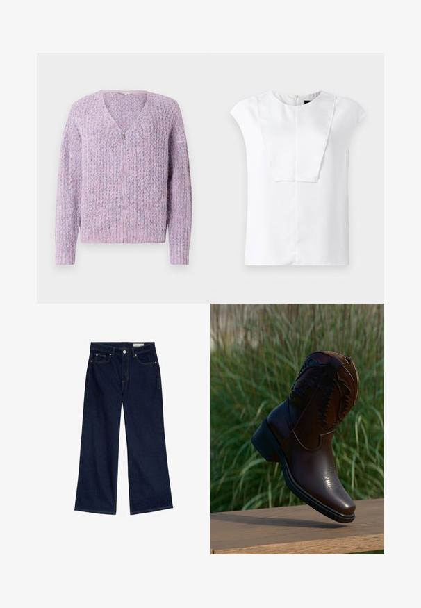 Lyslilla strikket cardigan med V-hals og lynlås. Har struktureret stof med subtile mønstre samt ribkanter ved ærmerne og kanten.; Hvid kortærmet bluse med rund halsudskæring og en rektangulær frontpaneldetalje, vist på en ensfarvet baggrund.; Bredde ben mørkeblå denimjeans med høj talje, fem-lomme design, kobber nitter og kontrasterende gul syninger.; Mørkebrunt læder cowboystøvle med dekorative sømme, vinklet på en træoverflade med højt græs i baggrunden.