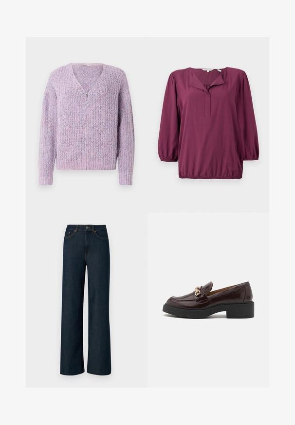 Svetlofialová pletená karta s výstrihom do V a zipsom. Má textúrovanú tkaninu s jemnými vzormi a rebrované manžety a lem.; TOM TAILOR WITH V-NECK - Blúzka - bordeaux red; Dlhé nohavice z tmavomodrého džínového materiálu so kontrastným oranžovým prešívaním, piatimi vreckami a zapínaním na gombík. Hladká textúra látky.; Hnedé kožené loafery s zlatým akcentom v podobe spony, čierny blokový podpätok a hladká textura. Bočný pohľad ukazuje zaoblenú špičku a prešívanie.