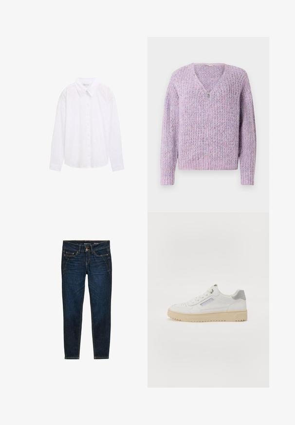 Cardigan tricoté lilas clair avec un col en V et un zip. Présente un tissu texturé avec des motifs subtils et des poignets et un ourlet côtelés.; Chemise blanche à boutons avec un col, motif à pois texturé et manches longues, en tissu de coton léger.; Jean en denim bleu foncé avec une coupe ajustée, présentant des coutures orange, cinq poches et une fermeture à bouton à la taille.; Baskets blanches pour hommes avec une texture lisse, des accents gris, un bout rond et une semelle en caoutchouc beige. Comprend une étiquette sur le côté et des détails perforés.