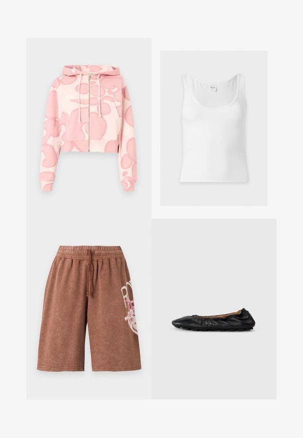 Sweat à capuche court zippé en tissu doux, présentant un motif abstrait rose et rose clair, avec une capuche à cordon de serrage et des poches avant.; Débardeur blanc côtelé sans manches avec encolure dégagée et étiquette de la marque Hollister au niveau du col arrière.; Shorts marron jusqu'au genou avec taille élastique et cordon, avec un motif textuel floral blanc et rose partiel sur la jambe droite.; Ballerines en cuir noir avec des détails froncés au col, bout rond et semelle en caoutchouc flexible. Texture lisse dans l'ensemble.