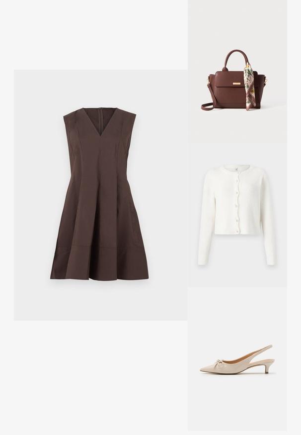 Cardigan blanc fabriqué en tissu doux et texturé. Présente un col rond, des manches longues et six boutons ressemblant à des perles sur le devant.; Robe marron sans manches avec un décolleté en V, un corsage structuré et une jupe évasée. Fabriquée en tissu lisse avec un léger éclat. Fermeture éclair à l'arrière.; Escarpins slingback en cuir verni beige avec un bout pointu et un nœud décoratif sur le devant. Comprennent un talon bas et fin ainsi qu'une texture lisse.; Sac à main en cuir marron avec des poignées supérieures et une bandoulière détachable. Comprend un foulard à motif floral attaché à la poignée. Détails en métal doré.