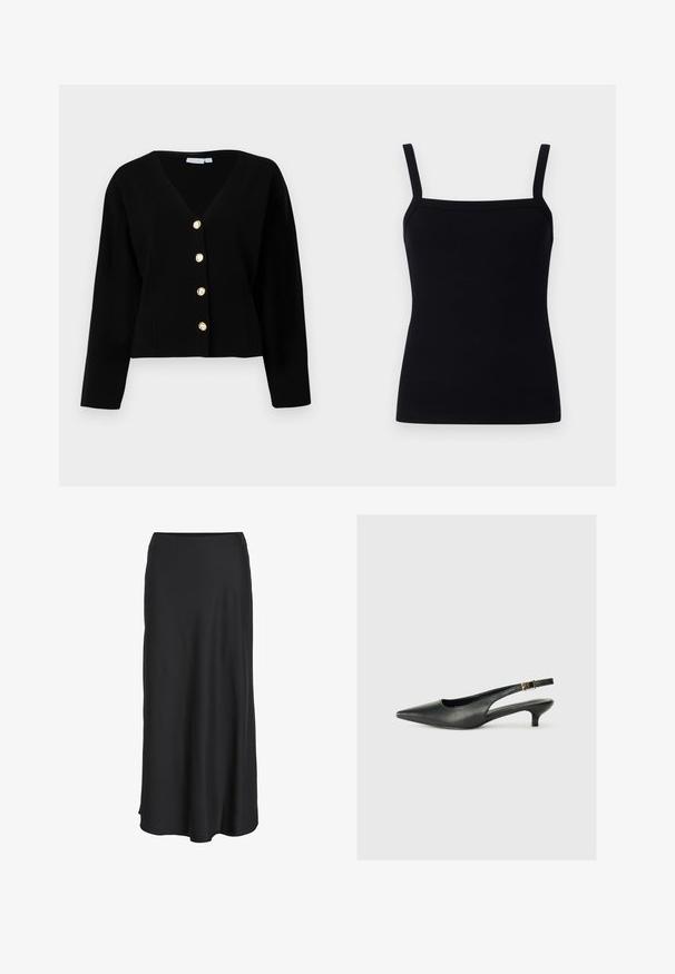 Sort cropped cardigan med V-hals, lange ærmer og fem guldknapper foran. Glat tekstur og skræddersyet pasform.; Sort ribbet tanktop med justerbare stropper, firkantet udskæring og et tætsiddende design, der krammer kroppen, lavet af et strækbart stof.; Sort maxinederdel lavet af glat, letvægtsstof. Har en enkel A-formet silhuet med en let udvidet kant og ingen synlige lukninger.; Sorte spidse slingback-sko lavet af glat læder. Har en tynd hæl og en spænde detalje på den justerbare rem.