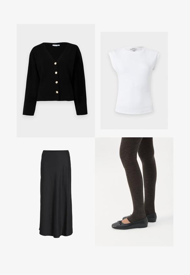 Sort cropped cardigan med V-hals, lange ærmer og fem guldknapper foran. Glat tekstur og skræddersyet pasform.; Hvid ribbet ærmeløs top med polstrede skuldre og rund halsudskæring, størrelse small, mærket Topshop indvendigt i kraven.; Sort maxinederdel lavet af glat, letvægtsstof. Har en enkel A-formet silhuet med en let udvidet kant og ingen synlige lukninger.; Ben iført mørke ribbede leggings kombineret med sorte balletsko med små sløjfedetaljer på hvid baggrund.