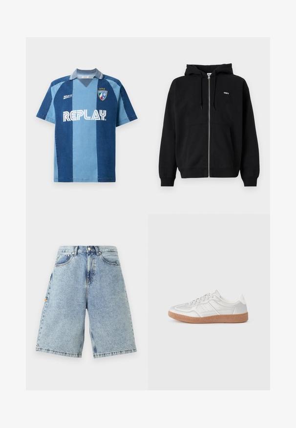 Sudadera con cremallera negra hecha de un tejido suave, que presenta un bolsillo tipo canguro en la parte frontal y un pequeño logo blanco "OBEY" en el pecho. Capucha ajustable con cordón.; Jersey inspirado en denim con manga corta, que presenta un diseño de rayas en azul oscuro y azul claro, cuello en V y el logotipo "REPLAY" destacado.; Pantalones cortos de denim azul con cintura alta, corte holgado, cinco bolsillos y detalles de costura visibles. Textura suave con un acabado de lavado claro.; Zapatillas plateadas con una textura suave, diseño de cordones, acentos perforados y una suela de goma marrón texturizada.