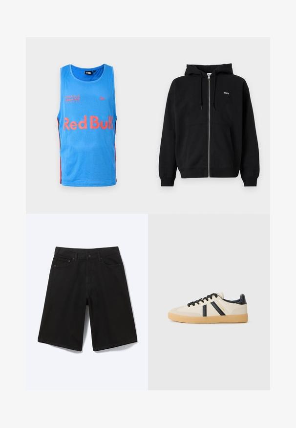 Sudadera con cremallera negra hecha de un tejido suave, que presenta un bolsillo tipo canguro en la parte frontal y un pequeño logo blanco "OBEY" en el pecho. Capucha ajustable con cordón.; Camiseta sin mangas de malla azul claro con acentos laterales rojos. Presenta el logo de "Red Bull" y el texto "Oracle Red Bull Racing" impresos en la parte frontal.; Pantalones cortos vaqueros negros hasta la rodilla con botón frontal, trabillas para cinturón y cinco bolsillos, mostrados sobre un fondo blanco.; Zapatillas casuales en crema con rayas negras, con parte superior texturizada y suela de goma. Los cordones son negros. Logo sutil en el costado.