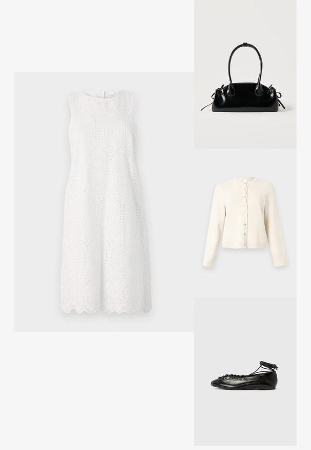 Crème katoenmengsel cardigan met een ronde hals, lange mouwen en een knoopsluiting aan de voorkant. Heeft een ribgebreide zoom en manchetten.; Witte mouwloze jurk met gaatjesborduurwerk, een gegolfde zoom, een ronde halslijn en een ontspannen silhouet.; Zwarte ballerina's van lakleer met een afgeronde neus, veterdesign en een platte zool. Glad oppervlak met minimale details.; Kleine zwarte glanzende handtas met twee lange hengsels en zijkant trekkoord details op een effen lichte achtergrond.