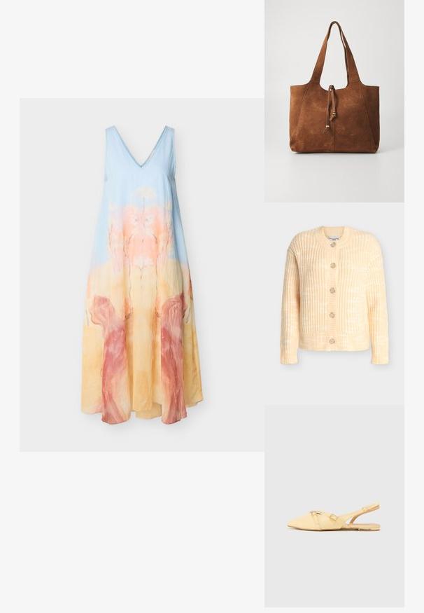 Cardigan tricoté jaune pâle avec un motif texturé, col rond et cinq boutons en bois sur le devant. Manches longues, longueur raccourcie.; Robe maxi sans manches à col en V avec un dégradé bleu, pêche et jaune et un motif floral abstrait sur un tissu léger.; Ballerines jaunes en cuir avec un talon slingback et un bout pointu, présentant deux bretelles croisées et un petit accent métallique sur le talon.; Sac fourre-tout en daim marron avec deux longues poignées, fermeture à cordon et texture lisse. Présente un design simple et des accents minimaux.