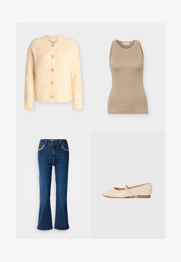 Strikket cardigan i lys gul med et tekstureret mønster, rund hals og fem træknapper foran. Lange ærmer, kort længde.; Beige ærmeløs tætsiddende dame top med rund halsudskæring og Marc O'Polo mærke på bagsiden inde i kraven.; Mørkeblå brede jeans med en glat denimoverflade, kontrasterende gyldne syninger og forlommer. Klassisk fem-lomme design.; Beige patentlæder balletflade med firkantet tå, lille hæl og justerbar ankelrem med guldspænde accent.