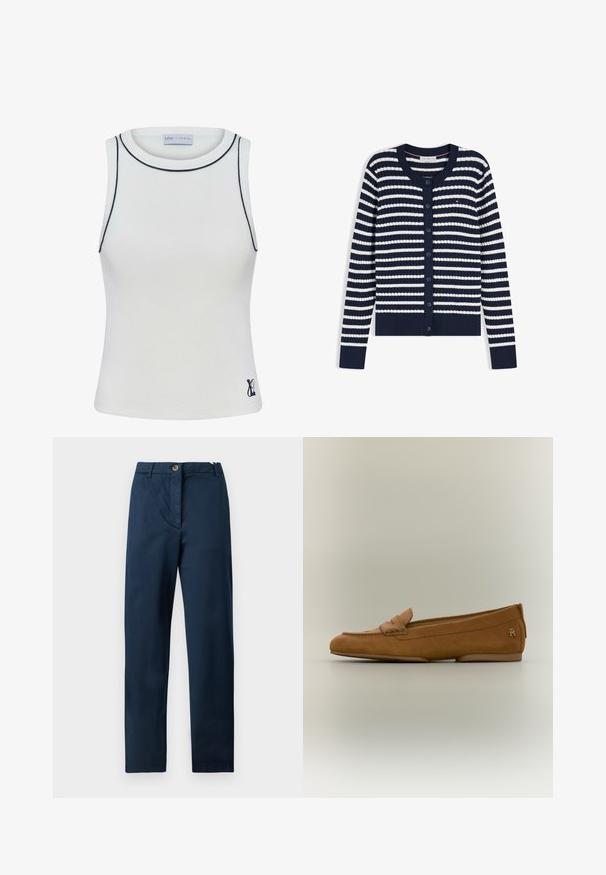 Marineblauwe en witte horizontale gestreepte cardigan met knopen, lange mouwen en een geribbelde textuur.; Witte geribde tanktop met een hoge halslijn en marineblauwe accenten langs de randen. Bevat een klein logo op de onderste rechterzijde. Rekbare stof.; Marineblauwe katoenen broek met een vlakke voorkant, ritssluiting en knoopsluiting, zijzakken en een rechte pijp. Gladde textuur, zonder patronen.; Bruine suède damessloffer met een gestikte riemdetail en een klein metalen logo op de hiel, afgebeeld op een neutrale achtergrond.