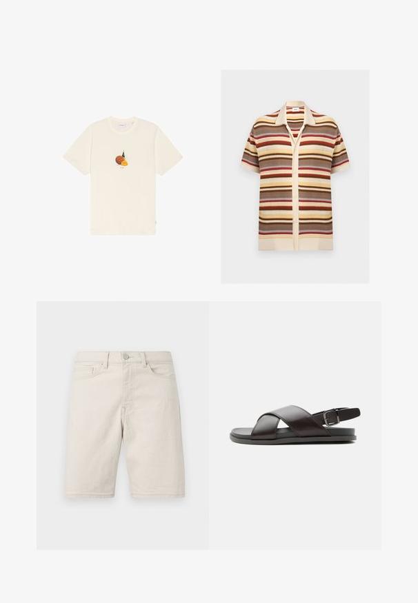 Πλεκτό πουκάμισο με κοντό μανίκι και κουμπιά, με οριζόντιες ρίγες σε μπεζ, καφέ, κρεμ, κόκκινο και κίτρινο, με γιακά και υφή υφάσματος.; Μπλουζάκι σε κρεμ απόχρωση με μια κεντρική εικόνα καλαθοσφαίρισης, ένα πράσινο μπουκάλι και ένα μικρό μπουκέτο από πορτοκαλί λουλούδια από κάτω.; Μπεζ τζιν σορτς μέχρι το γόνατο με κουμπί μπροστά, θηλιές για ζώνη και σχέδιο με πέντε τσέπες σε φωτεινό φόντο.; Ανδρικό δερμάτινο σανδάλι σκούρου καφέ με σταυρωτούς ιμάντες και ρυθμιζόμενο λουράκι με αγκράφα στη φτέρνα σε επίπεδη σόλα, εμφανιζόμενο σε πλευρική όψη.