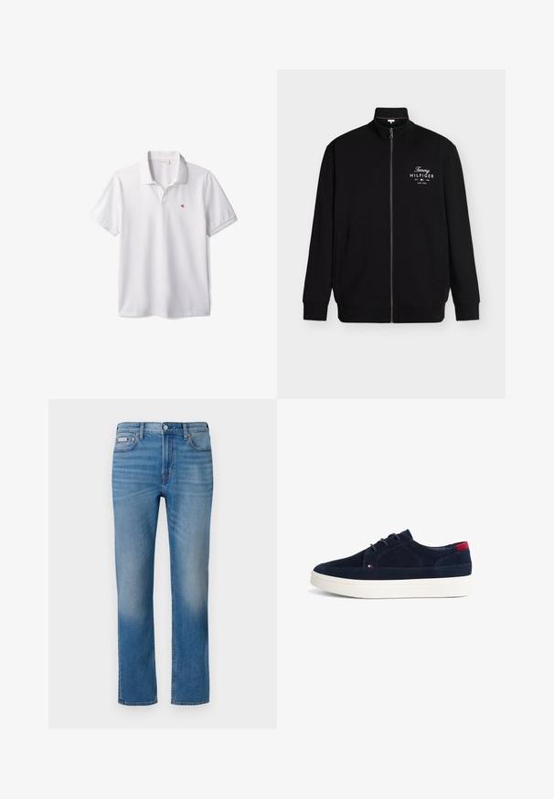 Zwarte jas met rits, hoge kraag, voorzakken en wit "Tommy Hilfiger" logo op de linkerborst met rood-wit vlagdetail.; Witte poloshirt met korte mouwen, kraag en klein rood "cK" logo op de linkerborst.; Lichtblauwe rechtvallende herenjeans met vervaagde details, knoop aan de voorkant, ritssluiting en vijfzakkenstijl, Calvin Klein merkembleem op de zak.; Marineblauwe suède sneaker met een witte rubberen zool, voorzien van een vetersluiting, gestikte accenten en een rood-wit detail op de hiel.