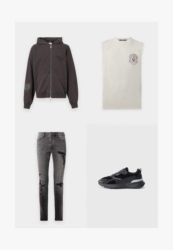 Dunkelgrauer Kapuzenpullover mit Reißverschluss und Kapuze, mit grafischen Prints auf der Vorderseite und am rechten Ärmel sowie Vordertaschen. Weicher Stoff mit gerippten Bündchen.; Ärmelloses off-white Shirt mit rundem Ausschnitt und kleinem mehrfarbigem kreisförmigem abstraktem Design auf der linken Brust.; Schwarze Denim-Jeans mit Rissdetails, schlankem Schnitt, fünf Taschen und klassischem Reißverschluss. Abgetragenes Aussehen mit verblassten Stellen.; Schwarzer Sportsneaker aus einer Kombination von glattem Leder und Wildleder. Mit reflektierenden Akzenten, dicker Sohle und strukturierten Details an den Schnürsenkeln.