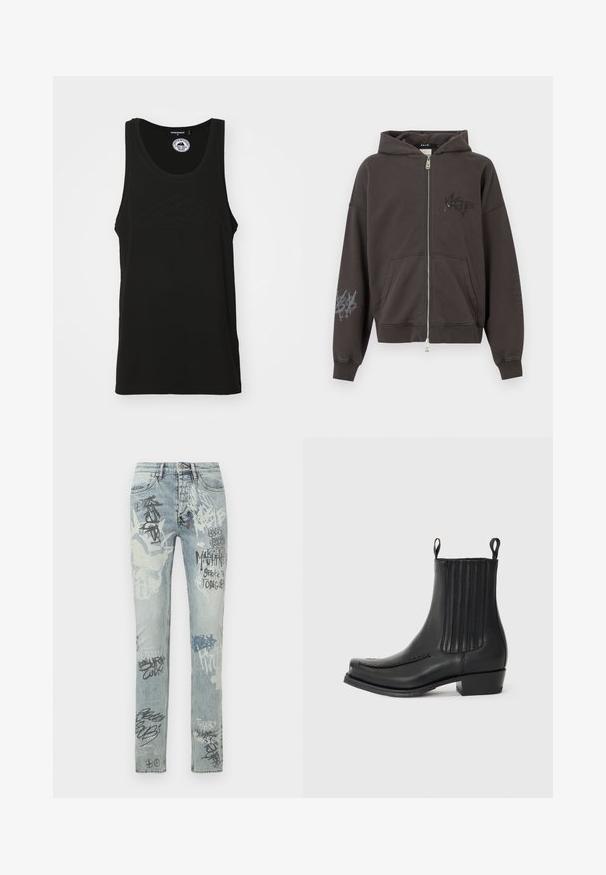 Sweat à capuche zippé gris foncé avec capuche, présentant des imprimés graphiques sur le devant et la manche droite, ainsi que des poches avant. Tissu doux avec poignets côtelés.; Débardeur sans manches noir en coton avec un col rond et un logo en relief à l'avant. Design épuré et minimaliste.; Jean en denim bleu délavé avec des imprimés noirs et bleu clair de style graffiti, coupe droite, design à cinq poches et passants pour ceinture.; Bottines en cuir noir avec une finition lisse, détails de panneau latéral élastique, couture subtile sur le bout et un talon carré.