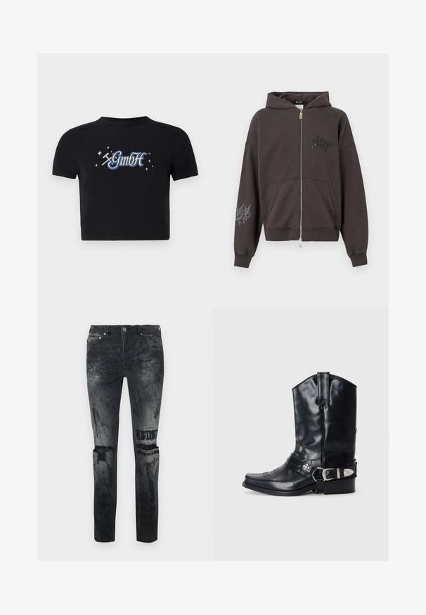Donkergrijze hoodie met ritssluiting en capuchon, met grafische prints aan de voorkant en op de rechtermouw, en voorzakken. Zachte stof met geribbelde boorden.; Zwart cropped t-shirt van katoen met een ronde halslijn, voorzien van een blauw-wit "GmbH" logo omringd door kleine sterren, bedrukt op de voorkant.; Zwarte spijkerbroek met een verweerde afwerking. Voorzien van zichtbare gescheurde accenten, een voorste knoopsluiting en gedetailleerde stikselwerk.; Zwarte leren cowboylaars met een spitse neus, hoge schacht, decoratieve stiksels en zilveren gespsluiting op de band. Gestructureerde afwerking.
