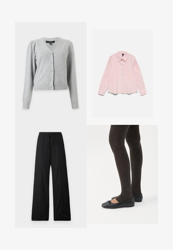 Lysegrå langærmet strikket cardigan med V-hals, knaplukning foran, let oppustede skuldre og ribkanter ved ærmer og kant.; Langærmet lyserød skjorte med knapper og krave, lagt fladt på en hvid baggrund.; Sorte vide bukser lavet af letvægtsstof. Har en elastisk talje med snor. Rent, minimalistisk design uden mønstre.; Ben iført mørke ribbede leggings kombineret med sorte balletsko med små sløjfedetaljer på hvid baggrund.