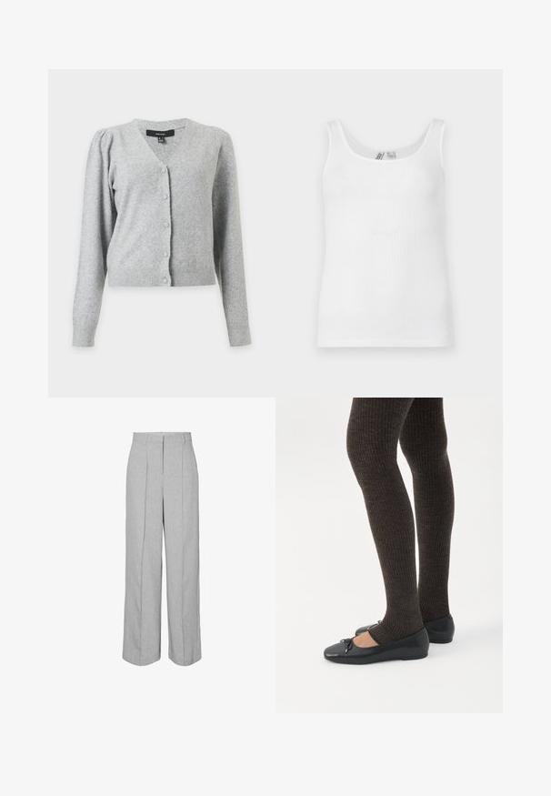 Cardigan en maille gris clair à manches longues, col en V, fermeture boutonnée devant, épaules légèrement bouffantes et poignets et ourlet côtelés.; Débardeur blanc côtelé sans manches avec encolure dégagée en forme de U, présenté à plat sur un fond clair.; Pantalon large taille haute gris clair avec plis marqués à l'avant et passants pour ceinture, conçu pour une tenue formelle ou professionnelle.; Jambes portant des leggings côtelés foncés associés à des ballerines noires avec de petits détails en nœud sur fond blanc.