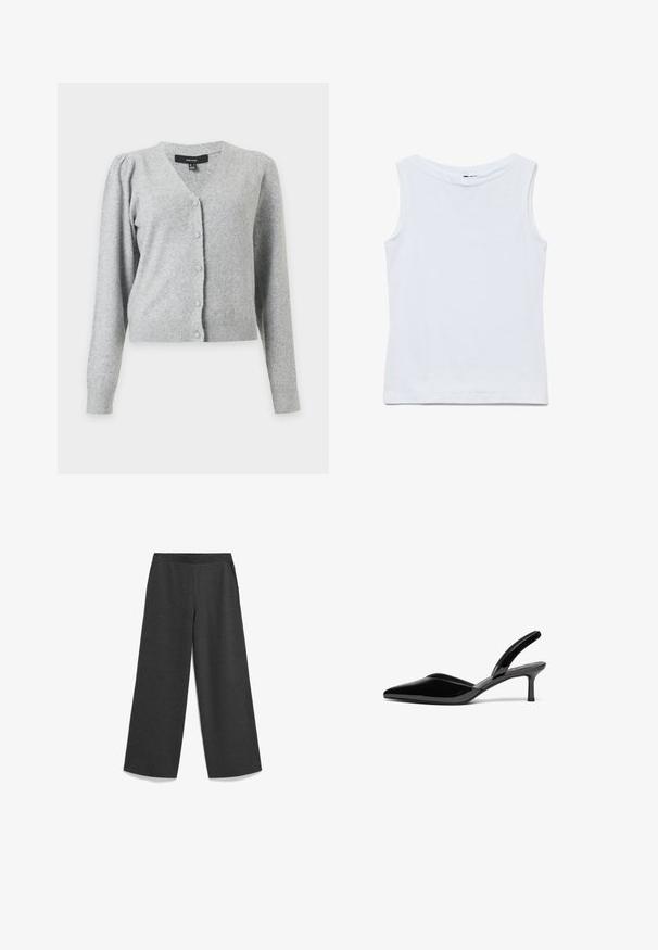 Hellgraue, lange Strickjacke mit V-Ausschnitt, Knopfleiste vorne, leicht gepufften Schultern sowie gerippten Bündchen und Saum.; Ärmelloses weißes Baumwolltop mit weitem Rundhalsausschnitt und geradem Saum, flach auf weißem Hintergrund gezeigt.; Weite Hose in Dunkelgrau, aus weichem Stoff, mit elastischem Bund und seitlichen Taschen für Funktionalität.; Schwarze Lackleder-Slingback-Pumps mit spitzem Fuß, niedrigem Stiletto-Absatz und einem eleganten, schlichten Design ohne Verzierungen.