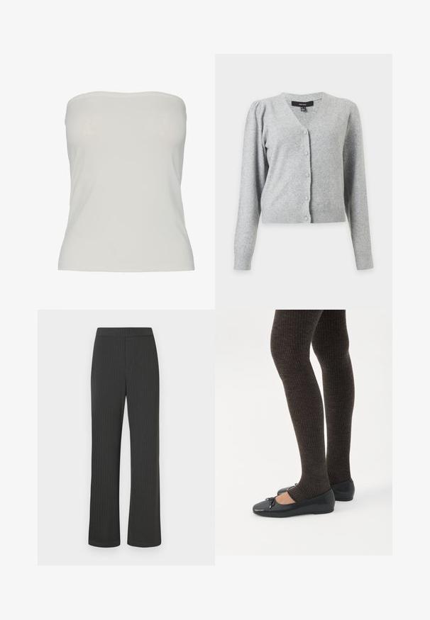 Cárdigan de punto gris claro de manga larga con escote en V, cierre frontal con botones, hombros ligeramente abullonados y puños y bajo acanalados.; Top sin tirantes de tela beige claro, diseño ajustado con una textura suave, bordes sin costuras y sin patrones ni detalles de hardware visibles.; Pantalones negros de rayas verticales con un diseño de pierna recta, que cuentan con una cintura elástica y una tela suave y texturizada.; Piernas con leggings oscuros acanalados combinados con bailarinas negras que presentan pequeños detalles de lazo sobre un fondo blanco.
