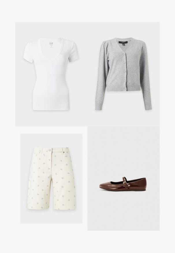 Cardigan en maille gris clair à manches longues, col en V, fermeture boutonnée devant, épaules légèrement bouffantes et poignets et ourlet côtelés.; T-shirt blanc ajusté à manches courtes avec un col en V profond et un petit logo GAP imprimé à l'intérieur de l'encolure.; Shorts en denim couleur crème avec petits motifs floraux violets et jaunes, bouton frontal, passants pour ceinture et poches latérales.; Ballerine en cuir verni marron avec un bout carré et une lanière ornée d'une petite boucle dorée. Texture lisse, talon bas et design minimaliste.