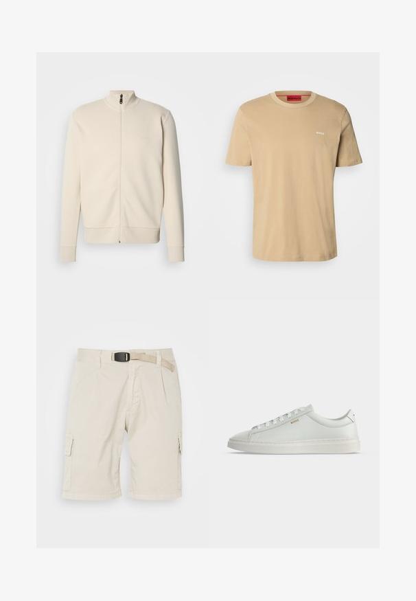 Beige sweatvest met rits en hoge kraag, geribbelde manchetten en zoom. Heeft een subtiel logo op de borst en een zachte, gestructureerde stof.; Beige katoenen t-shirt met een ronde hals, korte mouwen en een klein wit "HUGO" logo op de borst. Een gladde textuur zonder patronen.; Beige cargoshorts met een vlakke voorkant, riemlussen, plooien, zijzakken en een gestructureerde stof. De lengte reikt tot halverwege het bovenbeen.; Witte lage leren sneaker met veters, platte zool en klein gouden "BOSS" logo aan de zijkant, gezien vanaf de buitenkant.