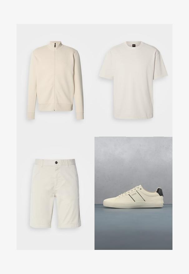 Sudadera beige con cremallera, cuello alto, puños y dobladillo acanalados. Presenta un logo sutil en el pecho y una tela suave y texturizada.; Camiseta de manga corta y cuello redondo en algodón color blanco roto, con un corte recto y un logo minimalista en el cuello. Textura suave, sin patrones.; Shorts de color beige claro fabricados en algodón, con cierre de botón, bolsillos delanteros y dobladillo cosido. Textura suave con un diseño casual.; Zapatillas de color crema con una textura suave, que presentan acentos y marcas en negro. Diseño clásico de cordones con punta redonda y suela de goma.