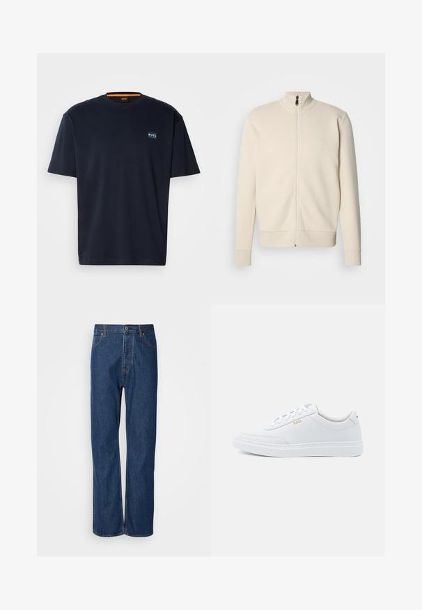 Beige lynlås-sweatshirt med høj krave, ribstrikkede manchetter og kant. Har et subtilt logo på brystet og blødt tekstureret stof.; Marineblå bomulds t-shirt med rund halsudskæring. Har et lille logo på brystet og en kontrasterende orange detalje ved halsudskæringen. Korte ærmer.; Blå denim jeans med lige ben, der har en knaplukning, fem lommer og kontraststikninger langs sømmene.; Hvide lædersneakers med glat tekstur, rund tå og ton-i-ton syning. Har blå snørebånd og et gult logo på siden.