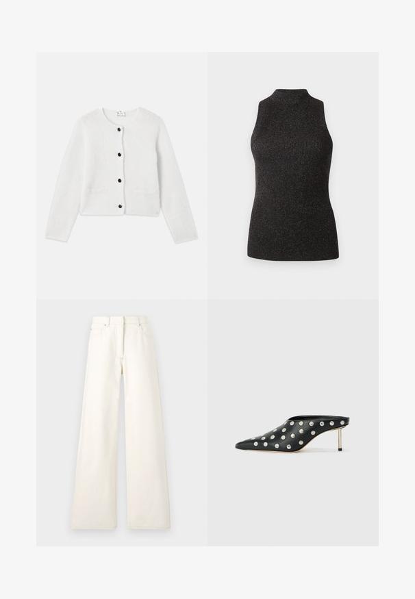 Weißer Cardigan aus weichem, flauschigem Material. Runder Ausschnitt, Frontknopfverschluss mit schwarzen Knöpfen und zwei kleinen Taschen auf der Vorderseite.; CLOSED SLEEVELESS - Top - black; Weite, cremefarbene Hosen aus Denim mit sichtbaren Nähten und Taschen. Das Design hat eine hohe Taille und eine gerade Silhouette.; STAND STUDIO KELSEY - Pantolette hoch - black