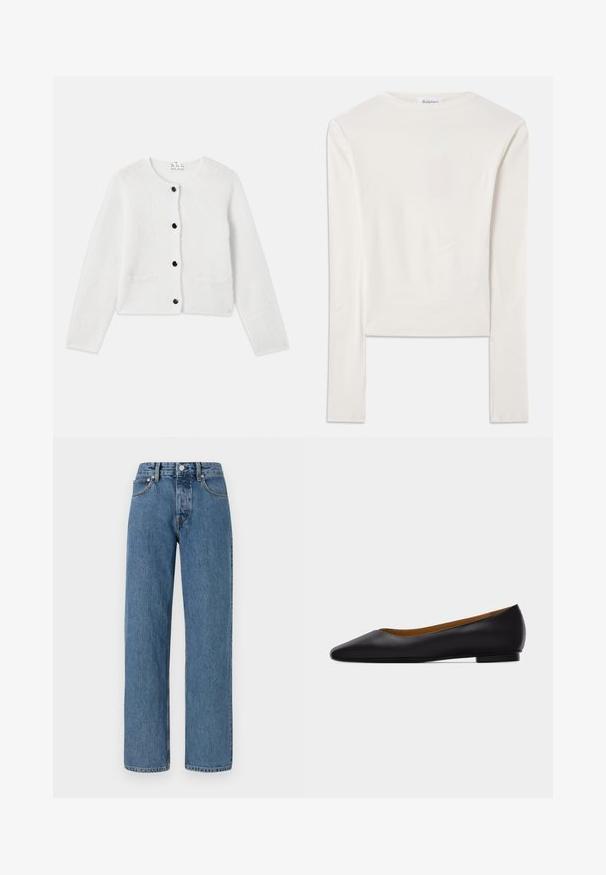 Cardigan blanc en matériau doux et duveteux. Col rond, fermeture à boutons à l'avant avec des boutons noirs, et deux petites poches à l'avant.; Haut à manches longues blanc en coton, dotée d'un col ras du cou simple et d'une coupe ajustée. Le tissu est lisse avec une légère élasticité.; Jean droit bleu clair en denim. Doté d'une taille haute, d'un design à cinq poches, d'une fermeture à bouton en métal et d'une légère décoloration.; Chaussure plate en cuir noir à bout pointu avec talon bas et finition lisse, vue de côté sur un fond gris clair.