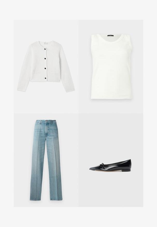 Hvid strikcardigan lavet af blødt, fluffy materiale. Rund hals, lukning foran med sorte knapper og to små lommer foran.; Hvid ærmeløs tanktop med rund hals og sort mærke ved kraven, vist på en ensfarvet lys baggrund.; Lyseblå denimjeans med højt liv, lige ben, subtil fading, kobbernitter og en klassisk knaplukning foran.; Sorte patentlæder flade sko med spids tå, lille dekorativ rem og lav blokhæl. Glat tekstur og strømlinet design.