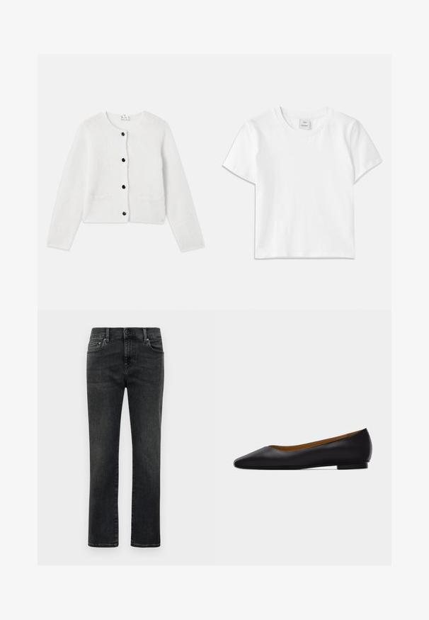 Hvid strikcardigan lavet af blødt, fluffy materiale. Rund hals, lukning foran med sorte knapper og to små lommer foran.; Hvid bomulds-t-shirt med rund hals, korte ærmer og lige kant. Mærke med teksten "Won Hundred" placeret i midten af halsudskæringen.; Mænds lige ben sorte udvasket jeans med frontknap og fem-lommers design på hvid baggrund.; Sort læder flad sko med spids tå, lav hæl og glat finish, vist fra siden på en lysegrå baggrund.