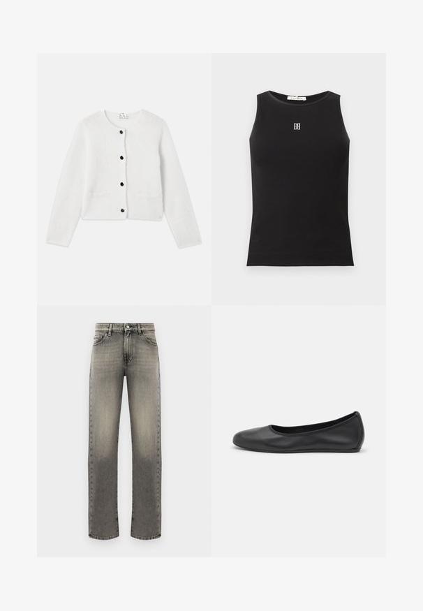 Weißer Cardigan aus weichem, flauschigem Material. Runder Ausschnitt, Frontknopfverschluss mit schwarzen Knöpfen und zwei kleinen Taschen auf der Vorderseite.; Schwarzes ärmelloses, geripptes Tanktop mit rundem Ausschnitt und kleinem weißem, gesticktem Logo in der Mitte der Brust.; Graue Jeans aus Denim mit geradem Bein, die ein verblasstes Muster, fünf Taschen und eine Steppnaht entlang der Nähte und des Bundes aufweisen.; Schwarze Leder-Ballettschuhe mit abgerundeter Spitze, glatter Textur, minimalen Nähdetails und einem flexiblen Sohlen-Design.