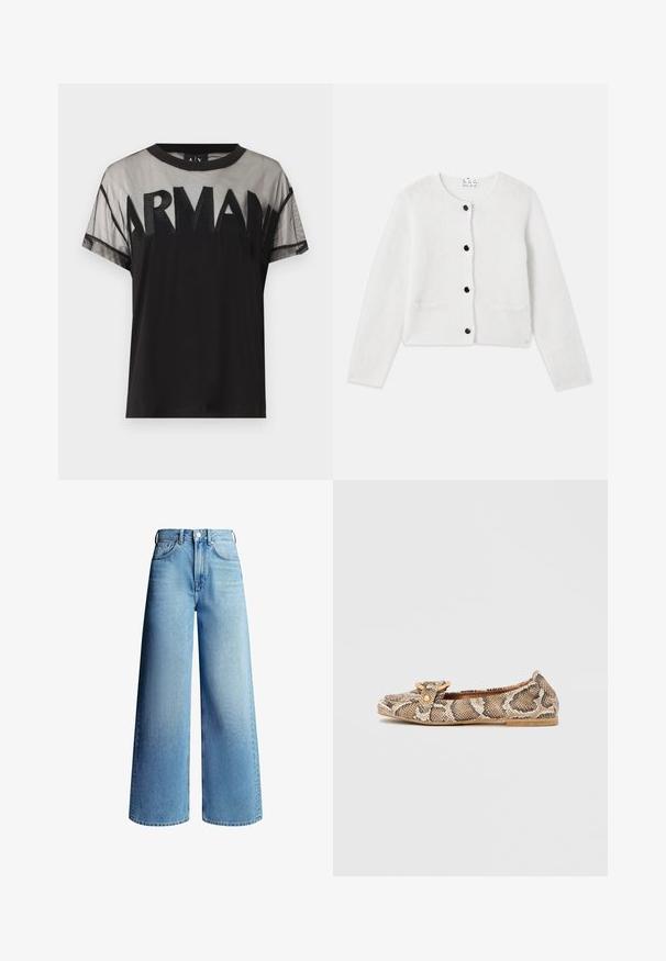 Cardigan blanc en matériau doux et duveteux. Col rond, fermeture à boutons à l'avant avec des boutons noirs, et deux petites poches à l'avant.; T-shirt noir à manches courtes avec une partie supérieure en maille transparente et un texte audacieux "ARMANI" sur la poitrine en tissu noir assorti.; Jean en denim bleu clair taille haute à jambes larges, avec poches avant, passants pour ceinture, fermeture par bouton et braguette zippée.; Chaussure plate avec tige texturée à motif serpent dans des tons neutres de beige et marron, ornée d'une bride décorative et d'un bouton doré.