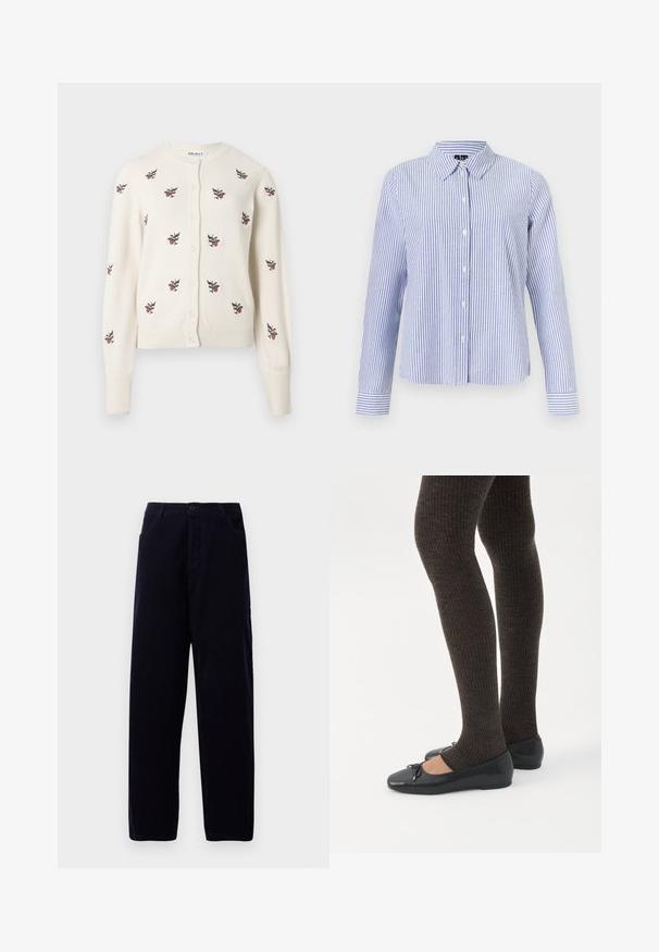 Cardigan crème à manches longues, col rond et fermeture par boutons. Présente une broderie florale rose sur toute la surface. Bords côtes aux poignets et à l'ourlet.; Chemise à manches longues boutonnée, avec des rayures verticales blanches et bleu clair et un col pointu, présentée sur un fond uni.; Pantalons en velours côtelé bleu marine foncé à jambe droite, avec poches avant et fermeture à bouton à la taille.; Jambes portant des leggings côtelés foncés associés à des ballerines noires avec de petits détails en nœud sur fond blanc.