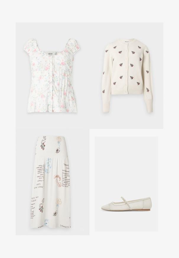 Cardigan crème à manches longues, col rond et fermeture par boutons. Présente une broderie florale rose sur toute la surface. Bords côtes aux poignets et à l'ourlet.; Blouse blanche à manches courtes avec motif floral rose et bleu, fermeture boutonnée devant, encolure carrée et détails plissés sur fond blanc.; Jupe midi blanche avec taille smockée, ornée d'illustrations d'ingrédients, de fourchettes à pâtes et de texte de recette italienne manuscrit dans des couleurs sobres.; Chaussure plate ivoire à bout pointu avec bride ornée de perles et petit talon en bois, vue de côté sur un fond clair.