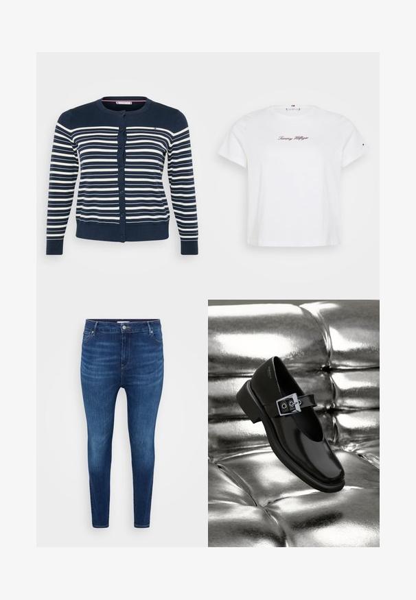 Marineblauwe cardigan met horizontale witte strepen, met een ronde halslijn en knoopsluiting. Geribde zoom en manchetten. Zachte, gladde textuur.; Tommy Hilfiger Curve CLASSIC SCRIPT TEE - T-shirt print - ecru; Donkerblauwe skinny jeans met voorzakken, riemlussen en een knoopsluiting op een lichte effen achtergrond.; Zwarte leren Mary Jane-schoenen met een vierkante neus, een zilveren gesp accent en een chunky lage hak, tegen een glanzende zilveren achtergrond.