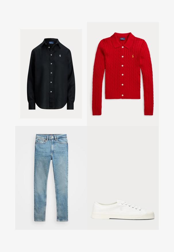 Rød cardigan med lange ærmer, kabelstrik, knapper foran, krave og lille broderet logo på venstre bryst.; Sort skjorte med lange ærmer, knapper, krave, hvide knapper og lille hvid broderet Polo Ralph Lauren-logo på venstre bryst.; Lyseblå, slanke denim-jeans med fem lommer og metal knaplukning, lagt fladt på en hvid baggrund.; Hvide lærredssneakers med rund tå, snørelukning og diskret logo-detalje. Har en tekstureret overflade og gummisål.
