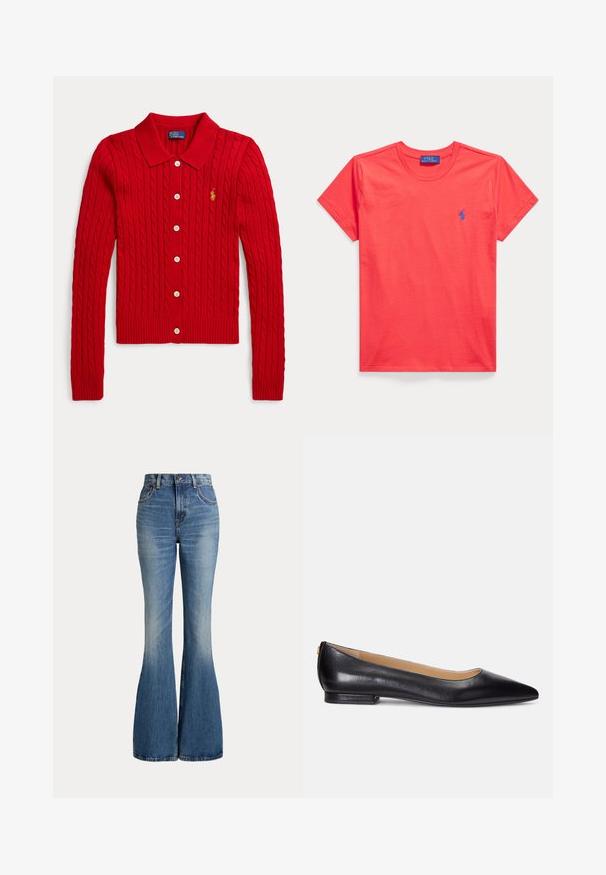 Cárdigan rojo de manga larga con punto de ochos, botones en la parte delantera, cuello y pequeño logo bordado en el pecho izquierdo.; Camiseta roja de manga corta con cuello redondo y pequeño logo bordado en azul de Polo Ralph Lauren en el pecho izquierdo.; Vaqueros de mezclilla azul de talle alto con piernas acampanadas y ligero desgaste en la zona delantera del muslo, mostrados sobre fondo blanco.; Bailarinas de cuero negro con punta afilada, tacón bajo y un acento dorado en el tacón. Textura suave con una silueta clásica.