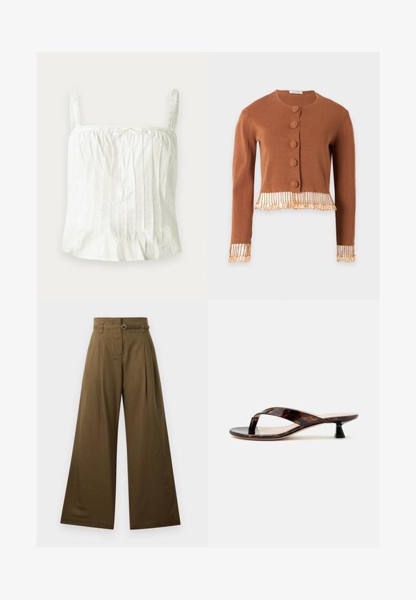Cardigan court marron avec manches longues, encolure ronde, boutons recouverts de tissu et détails à franges sur les poignets et l'ourlet.; Haut blanc sans manches avec bretelles fines, présentant une texture plissée et des accents en dentelle le long de l'encolure. Tissu en coton léger.; Pantalons larges en tissu vert olive, avec une taille haute, des plissés à l'avant et un détail de boucle de ceinture circulaire en argent. Texture lisse.; Sandale à talon kitten écaille de tortue marron avec bride entre les orteils et bout carré sur un fond clair uni.