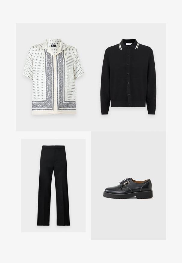 Cardigan noir à boutons avec des manches longues et un col, comportant deux rayures blanches, présenté sur un fond uni.; Chemise à manches courtes couleur crème avec boutons, motifs paisley bleu marine et petites croix, col évasé et coupe décontractée.; Pantalon formel noir à jambes droites, taille haute, au design épuré et minimaliste, présenté sur un fond clair uni.; Chaussure noire en cuir à lacets avec semelle épaisse et œillets métalliques, couture blanche visible et doublure intérieure marron, vue de côté externe.
