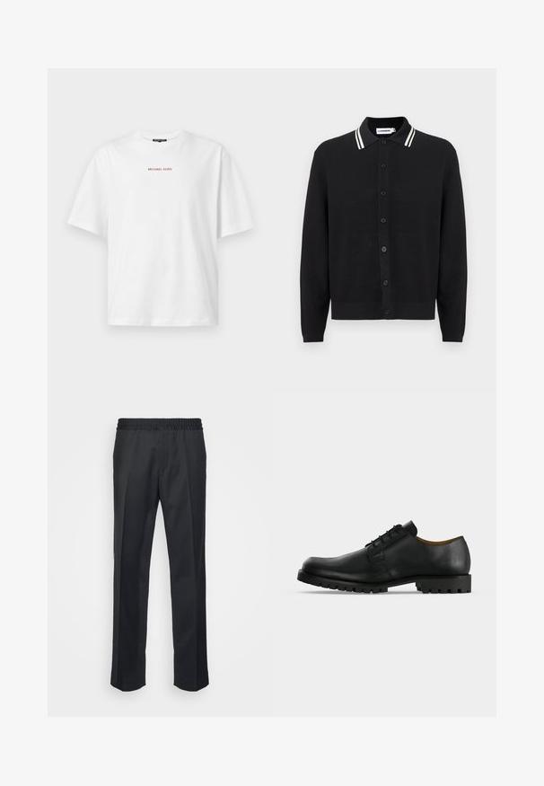Zwarte button-up cardigan met lange mouwen en een kraag, voorzien van twee witte strepen, weergegeven op een effen achtergrond.; Wit T-shirt met korte mouwen en ronde hals, met kleine rode "MICHAEL KORS" tekst gecentreerd op de borst.; Zwarte broeken met een relaxte pasvorm, voorzien van een elastische tailleband, rechte pijpen en een zachte, gladde stofstructuur.; Zwart leren veterschoen met een dikke, geribbelde zool en lage hak, afgebeeld op een witte achtergrond.