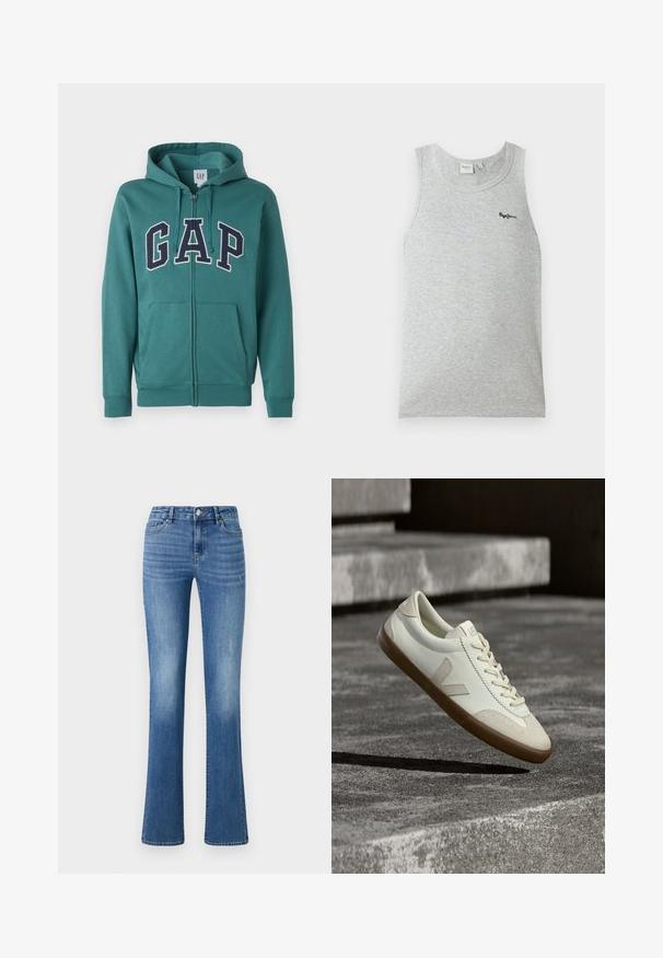 Türkisfarbener Kapuzenpullover mit Reißverschluss, Fronttaschen, Kordelzug am Hood und großen navyblauen "GAP"-Buchstaben mit weißer Umrandung quer über der Brust.; Hellgraues ärmelloses, geripptes Tanktop mit rundem Ausschnitt und kleinem schwarzem "Pepe Jeans"-Logo auf der linken oberen Brust.; ONLY ONLWAUW MID WAIST - Jeans Slim Fit - medium blue denim; Weiße Leder-Sneaker mit beige-gummiartiger Sohle, flachen Schnürsenkeln und V-förmigem Akzent an der Seite. Verfügt über eine glatte Oberfläche und minimale Nahtdetails.