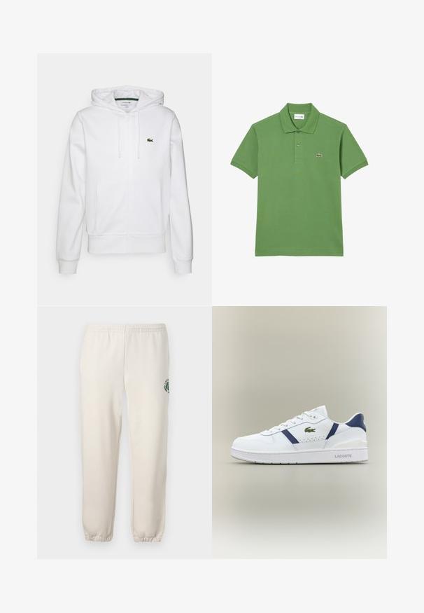 Weißer Zip-Hoodie aus Baumwollmischung, mit einer Vorderseite für die Hände, verstellbarem Kordelzug in der Kapuze und kleinem grünen Lacoste-Logo.; Grünes Polohemd mit kurzen Ärmeln, Kragen, Zwei-Knopf-Leiste und kleinem gesticktem Krokodil-Logo auf der linken Brust.; Helle beige Sweatpants aus Baumwolle mit einem elastischen Bund, gerippten Bündchen und einem grünen Logo mit Blattdesign am linken Bein.; Weiße Lacoste-Sneaker mit marineblauen Akzenten, grünem Krokodil-Logo, Schnürdesign und markierten Sohlen auf neutralem Hintergrund.