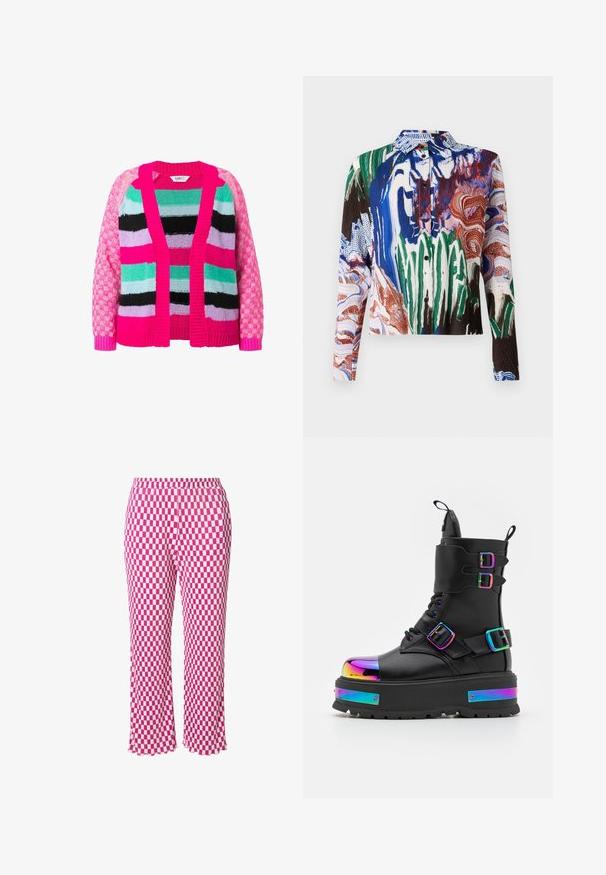 Multifarvet strik cardigan har et miks af pink, grøn, sort og lavendel striber med teksturerede pink ærmer og ribkant.; Henrik Vibskov SLOPE - Skjortebluser - multi coloured; Lyserøde og hvide ternede bukser med elastisk talje, cropped længde og en let bølget kant. Fremstillet af let ribbet stof.; Koi Footwear COSMIC FIRE METAL PLATFORM BOOTS - Snørestøvletter - black/multi-coloured
