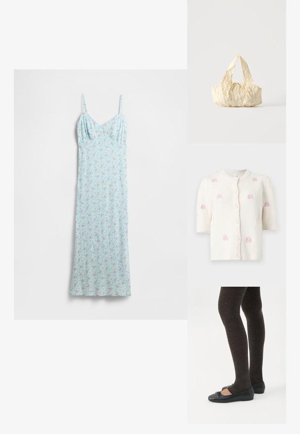 Cardigan blanco de manga corta de punto con cuello redondo, botones delanteros y pequeños patrones bordados de rosas rosas dispersos en el frente y las mangas.; Vestido azul claro con un estampado floral en rosa y verde. Tirantes finos y un corpiño ajustado que da paso a una falda fluida. Textura de tela suave.; Piernas con leggings oscuros acanalados combinados con bailarinas negras que presentan pequeños detalles de lazo sobre un fondo blanco.; Bolso de tela texturizada color crema con asas superiores y un pequeño detalle de lazo atado en el centro del frente.