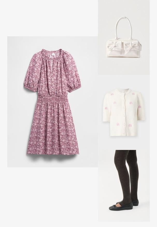 Cardigan blanco de manga corta de punto con cuello redondo, botones delanteros y pequeños patrones bordados de rosas rosas dispersos en el frente y las mangas.; Vestido floral en tonos rosa y blanco, con cintura fruncida, mangas abullonadas, botones al frente y textura de tela suave.; Piernas con leggings oscuros acanalados combinados con bailarinas negras que presentan pequeños detalles de lazo sobre un fondo blanco.; Bolso sintético blanco con dos bolsillos delanteros, cada uno con un detalle de lazo atado. Textura suave, asas redondeadas y cierre de cremallera.