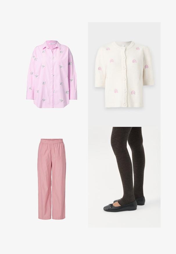 Cardigan en maille blanche à manches courtes avec col rond, boutons sur le devant et petits motifs de roses roses brodées dispersés sur le devant et les manches.; Chemise à rayures roses avec broderie florale, présentant une coupe décontractée et des manches retroussées. Le matériau semble léger avec une texture lisse.; Pantalons larges à rayures roses avec une taille élastique. Fabriqués en tissu léger avec une texture lisse. Présentent de subtiles rayures verticales.; Jambes portant des leggings côtelés foncés associés à des ballerines noires avec de petits détails en nœud sur fond blanc.