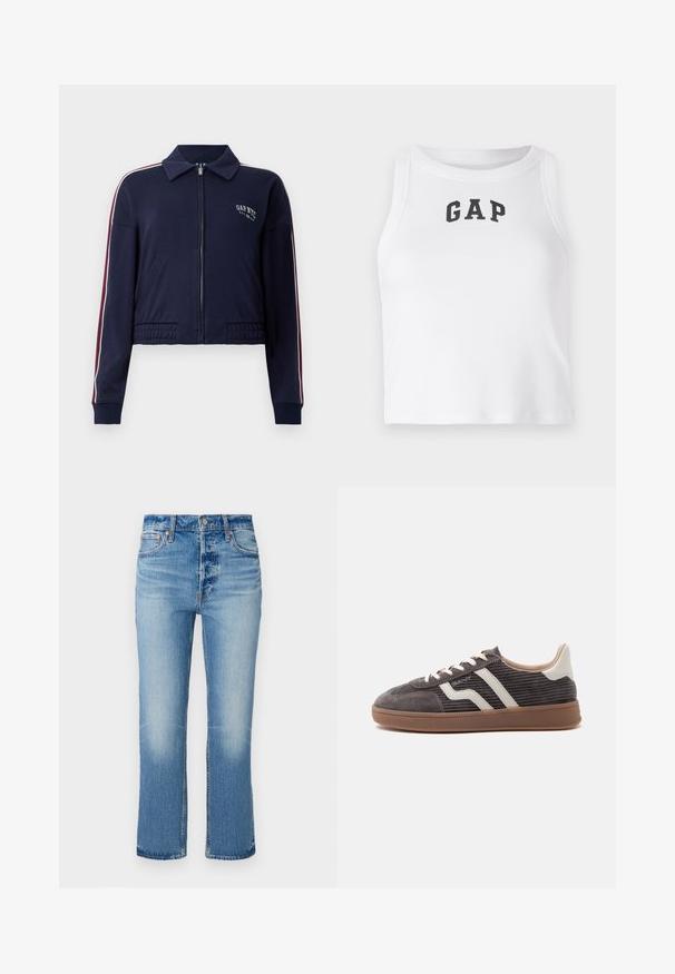 Veste cropped bleu marine en tissu doux, dotée d'une fermeture éclair, d'un col et de rayures rouges et blanches contrastées le long des manches.; Crop top blanc sans manches en tissu côtelé avec un logo "GAP" noir sur le devant. Encolure arrondie avec des coutures nettes.; Jean en denim bleu clair avec une coupe droite, présentant un délavage près des cuisses, une fermeture à bouton et un style classique à cinq poches.; Basket gris foncé unique avec des accents en cuir blanc, des côtés texturés, des lacets blancs et une semelle en caoutchouc marron, présentée de profil sur un fond uni.
