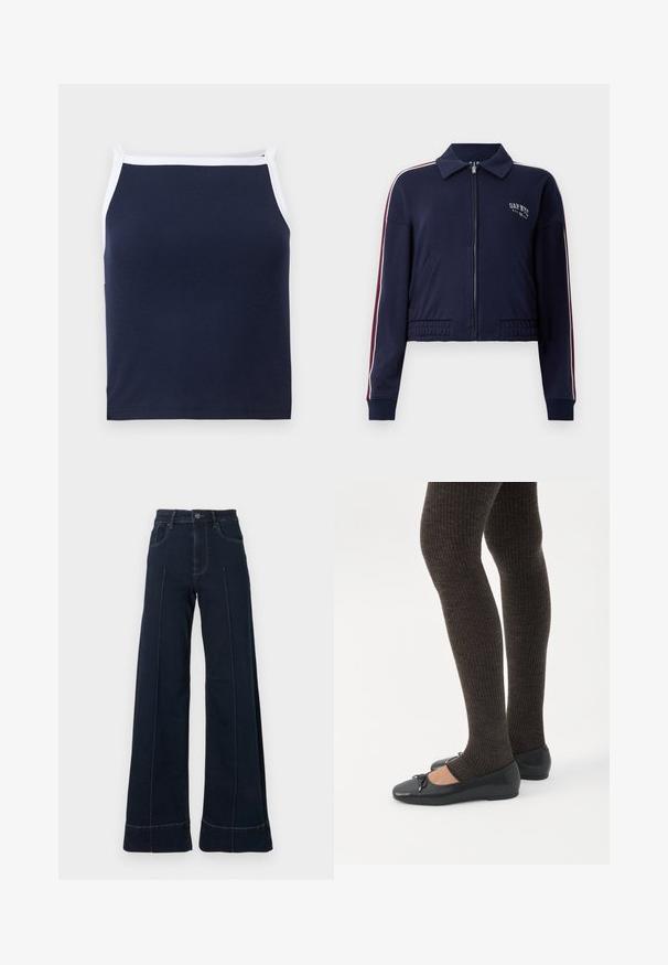 Veste cropped bleu marine en tissu doux, dotée d'une fermeture éclair, d'un col et de rayures rouges et blanches contrastées le long des manches.; Débardeur à côtes bleu marine avec bord blanc, doté d'un col rond et de bretelles fines. Fabriqué en mélange de coton doux pour le confort.; Jean large bleu foncé à taille haute, avec des poches avant et des coutures visibles. Fabriqué en denim avec une texture lisse.; Jambes portant des leggings côtelés foncés associés à des ballerines noires avec de petits détails en nœud sur fond blanc.