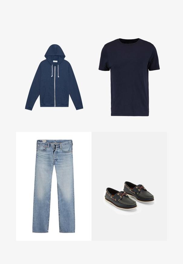 Marineblaue Zip-Hoodie mit weißen Kordeln, Fronttaschen, langen Ärmeln und einem "Pier One"-Etikett im Kragen.; Pier One by Zalando T-Shirt basic - dark blue; Helle blaue Jeans mit geradem Bein, ausgestattet mit einem Knopfverschluss, einem Fünf-Taschen-Design und einem ausgewaschenen Effekt an den Oberschenkeln.; Marineblaue Lederbootsschuhe mit gelbem Nähen, roten Schnürsenkeln und silbernen Ösen; runde Zehenform; weiße Gummisohle.