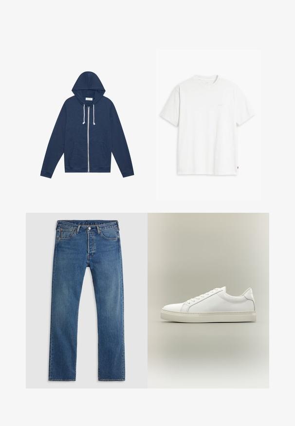 Marineblauwe ritshoodie met witte trekkoorden, voorzakken, lange mouwen en een "Pier One" label aan de binnenkant van de kraag.; Wit katoenen T-shirt met korte mouwen, ronde hals en een subtiel "Levi's" logo in een lichte kleur op de voorkant gedrukt.; Blauwe rechte denim jeans met vijf zakken, riemlussen en een sluiting met een knoop en ritssluiting aan de voorkant, op een effen achtergrond.; Witte lage sneaker met veters aan de voorkant en dikke zool, zijaanzicht tegen een neutrale achtergrond.